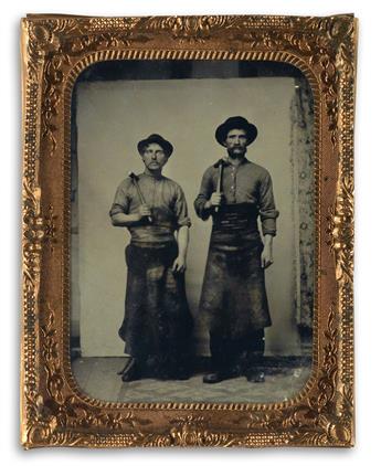 (AMERICANA) Group of 45 rare tintypes, most of of which are cased, comprising special occupationals, unusual studies of animals, milita